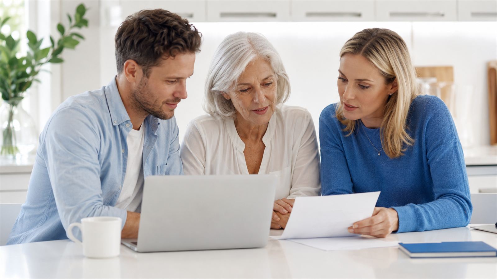 A family discussing an aged care decision together at a kitchen table