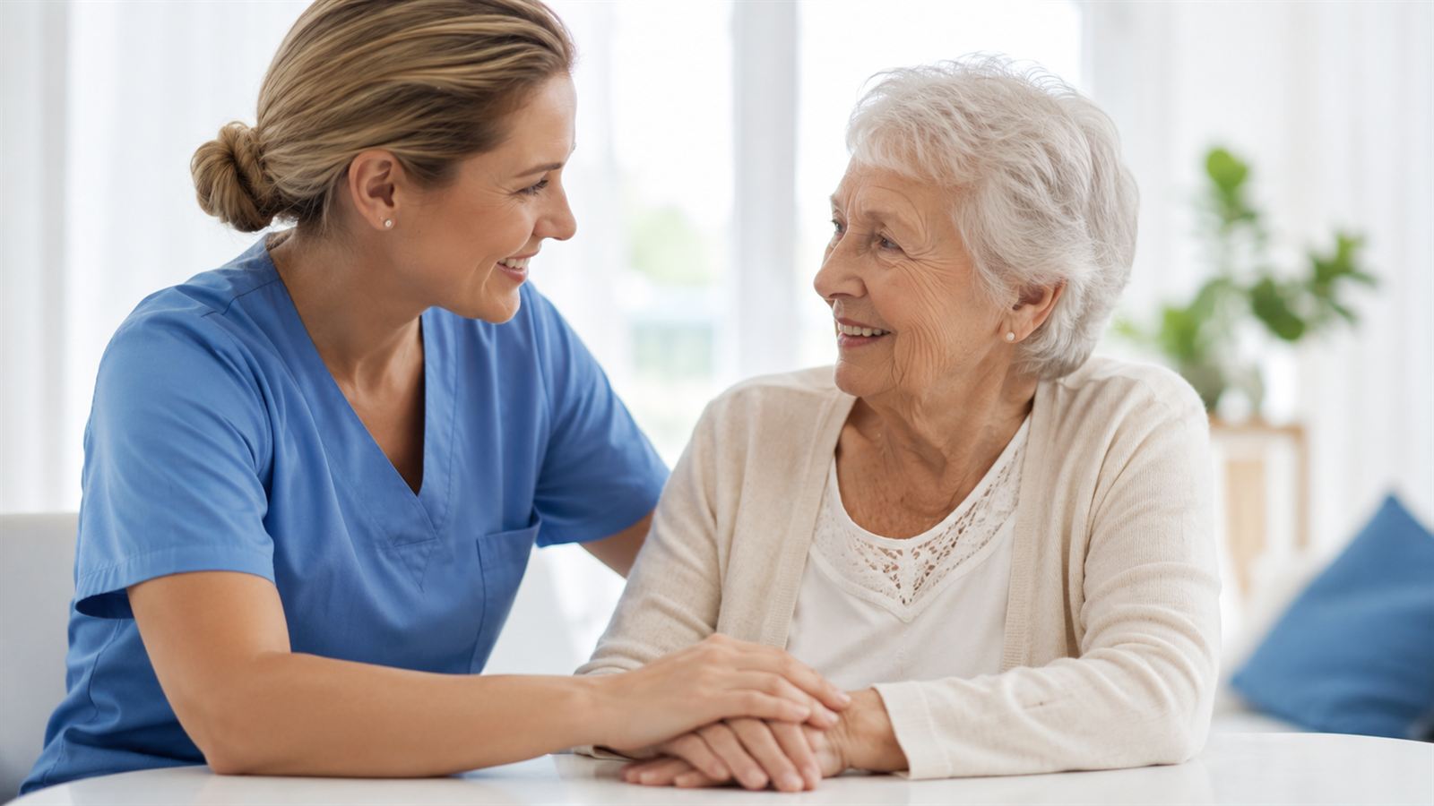 A carer and an older person sharing a reassuring moment